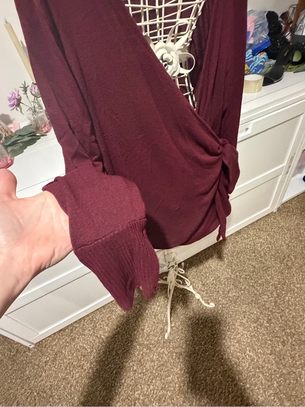 Women’s Wrap Tie Cardigan Sweater in Burgundy - Picture 3 of 7